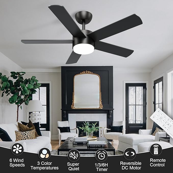 POCHFAN 52 Inch Ceiling Fan with Lights and Remote (Black)
