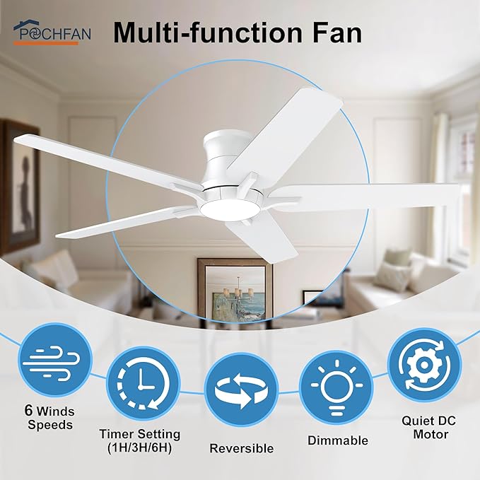 POCHFAN 52 Inch White Ceiling Fan with Lights and Remote