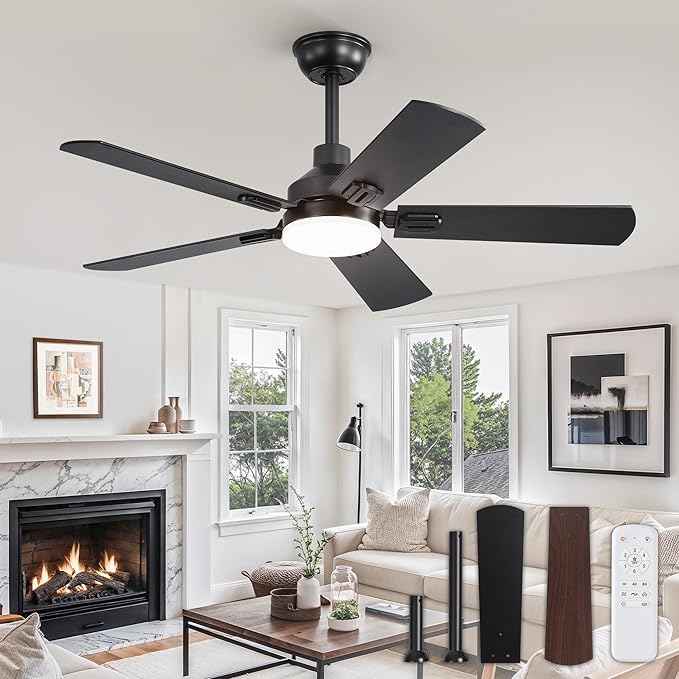POCHFAN 44 Inch Black Ceiling Fan with Light and Remote